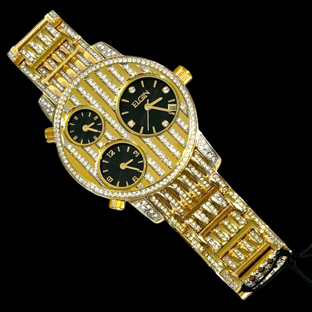 Elgin Mens Watch Triple Time Zone Gold Tone Iced Out 42mm Quartz NWT